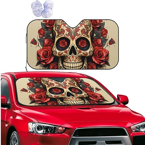 Car Windshield Sun Shade Cover Red Rose Sugar Skull Sunshade Foldable Car Sun Shield Car Windshield Sunshade for Truck Car Windshield Cover for Most Sedans