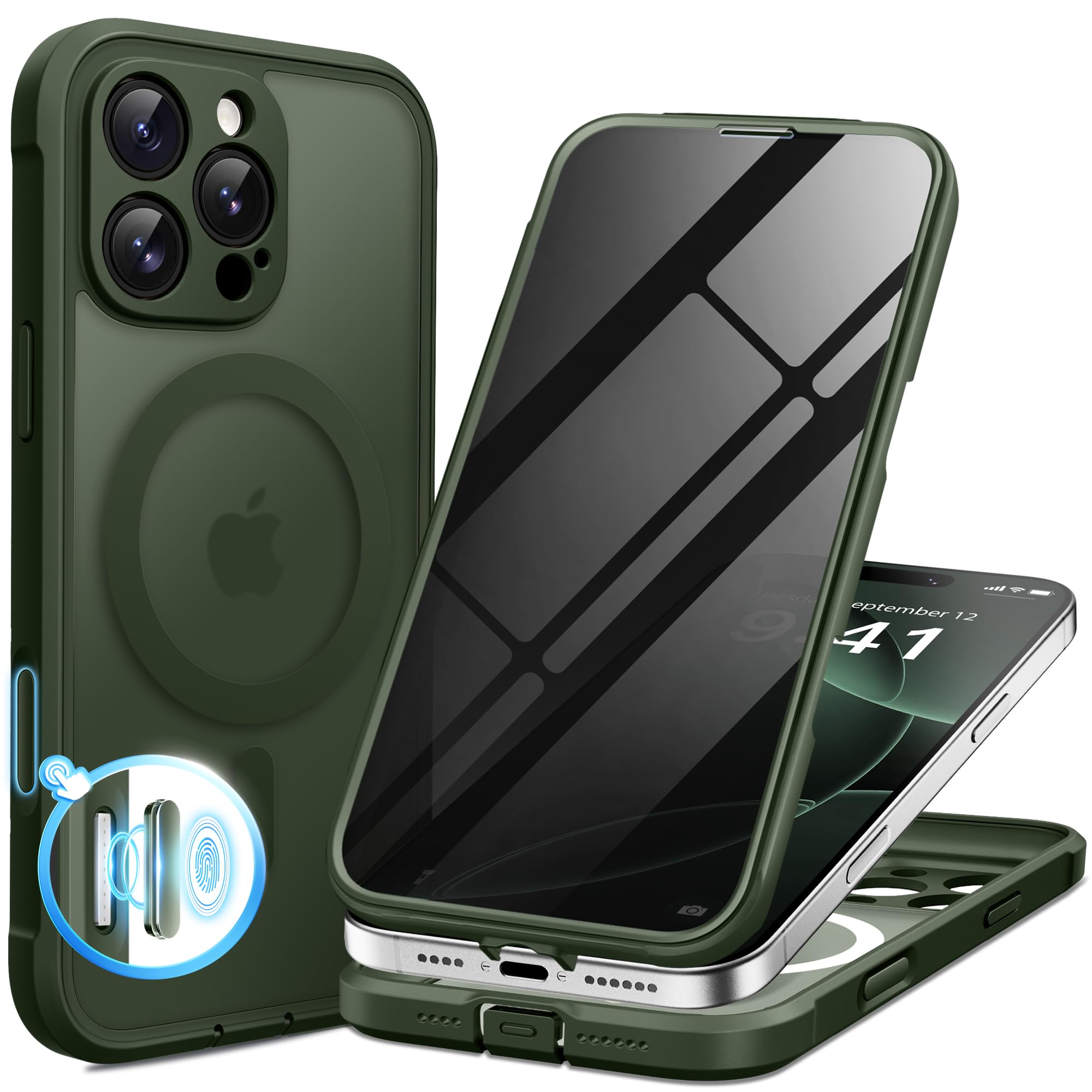 BERFY for iPhone 16 Pro Max Case, Compatible with MagSafe, Built-in Privacy Screen Protector and Camera Protection, Anti-Spy Full Body Shockproof