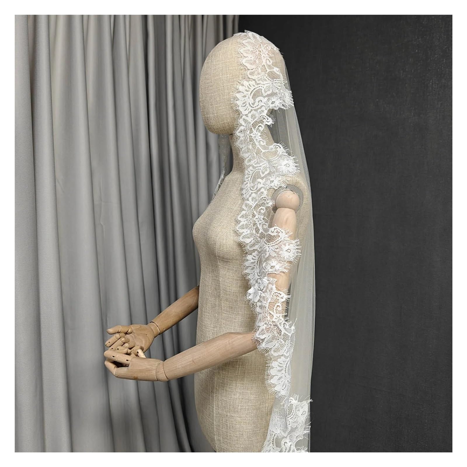 Schleier mit Wimpernspitze, einstöckig, 1 m/1,5 m/2 m, Hochzeit, mit verstecktem Kamm, elfenbeinfarben, Brautschleier(Ivory 150cm long)