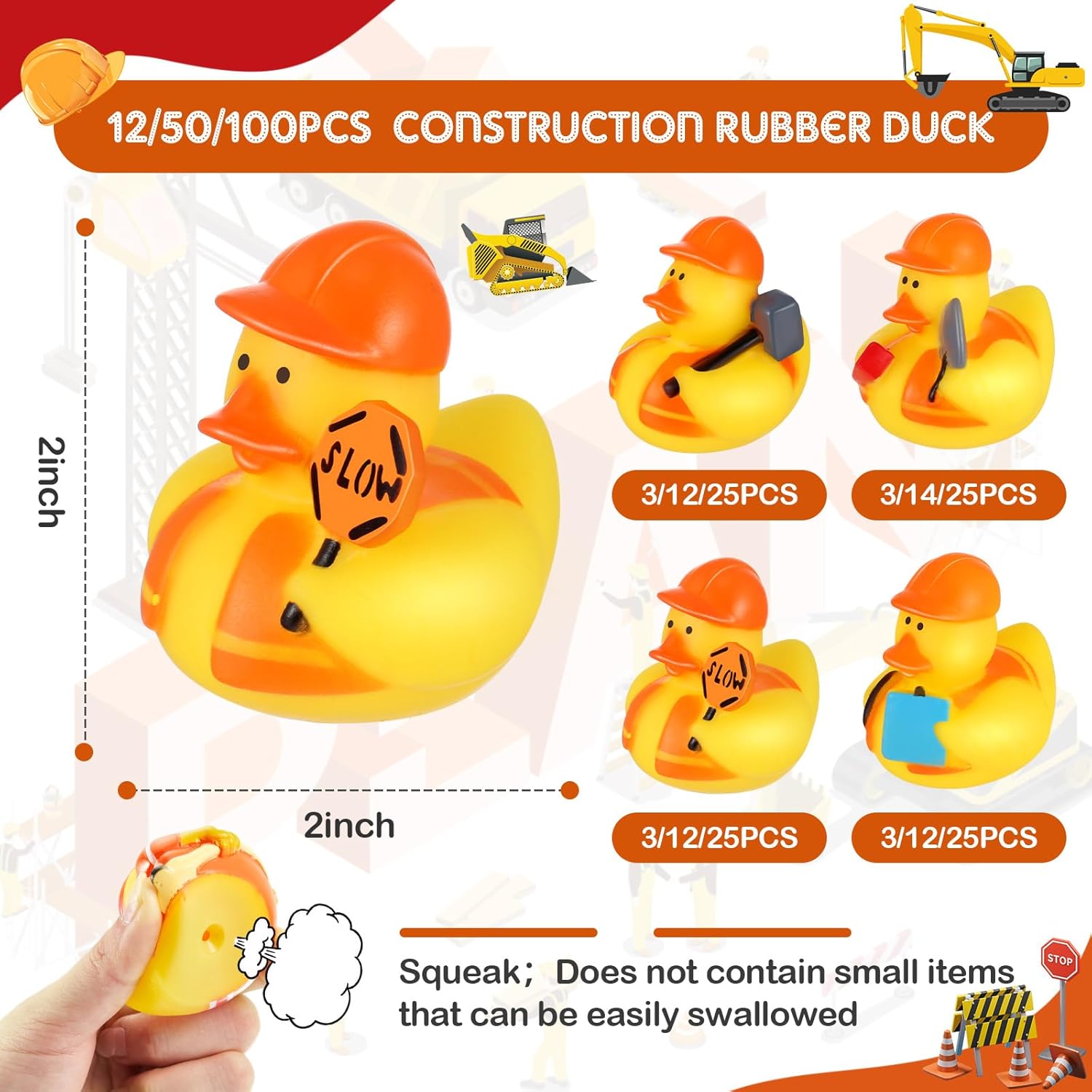 Deekin 100 Pcs Rubber Ducks Bulk 2 Inch Rubber Ducks Party Favor Decorations for Birthday Pool Party Occupation Cosplay (Construction Worker)