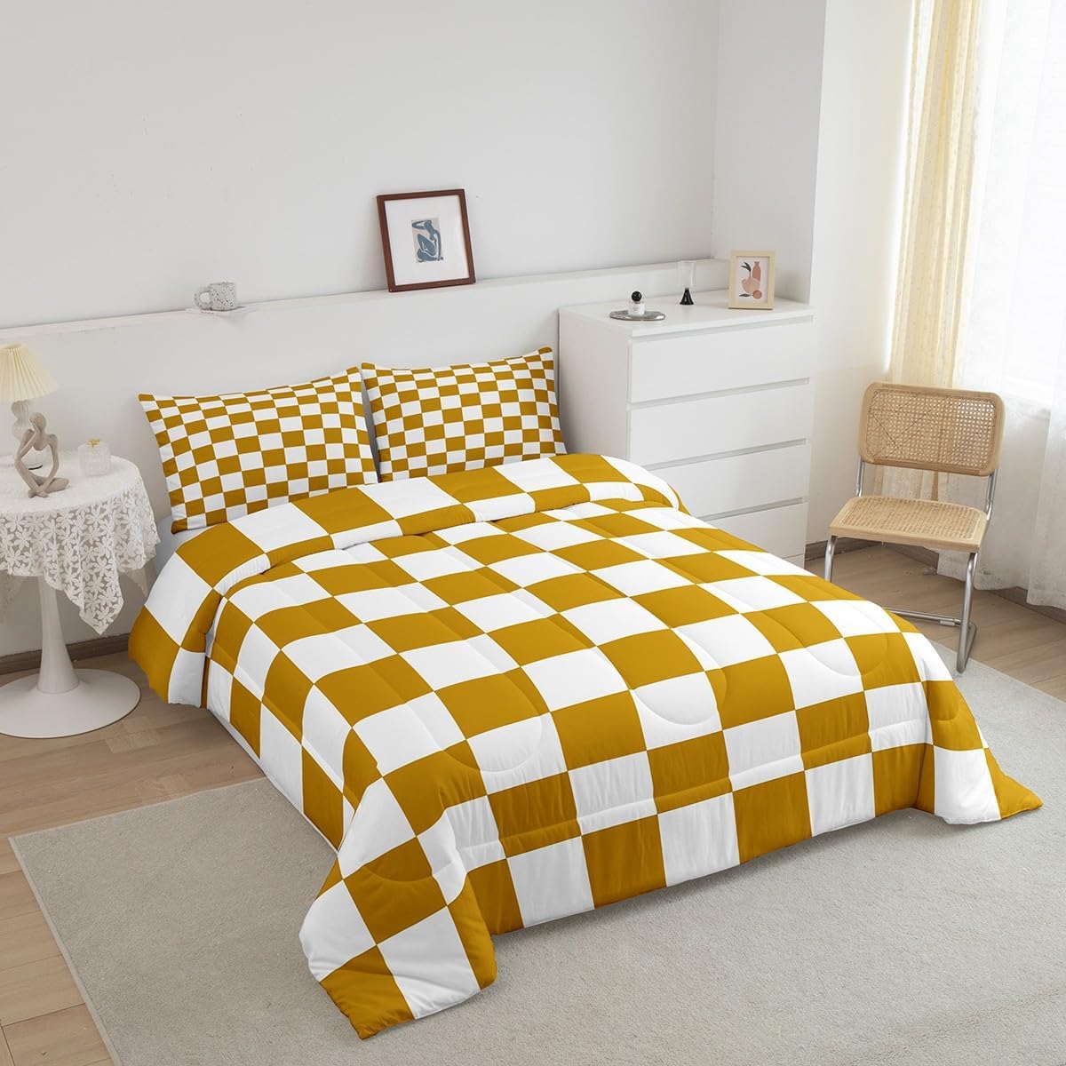 Feelyou Checkered Bedding Set Teen Women Men Yellow White Plaid Decoration Comforter Set Twin Size Kids Boys Girls Cute Retro Neutral Grid Geometric Duvet Insert Vintage Aesthetic Room Decor
