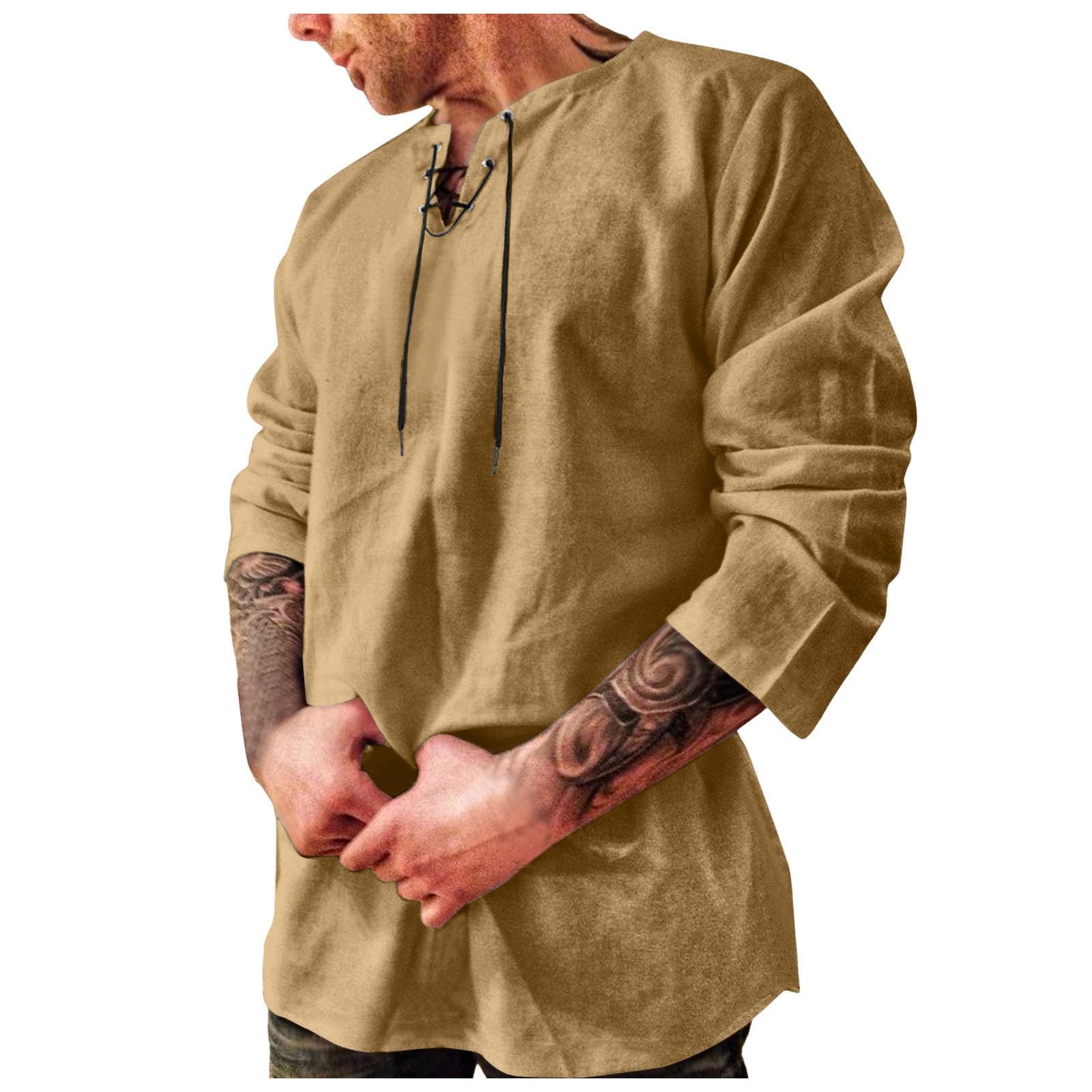 Generisch Camisa hippie unisex para hombre, manga larga, disfraz de carnaval, camisa gótica, cordón, disfraz de lino, camisa de manga corta, camisa de verano, camisas medievales, camisas retro