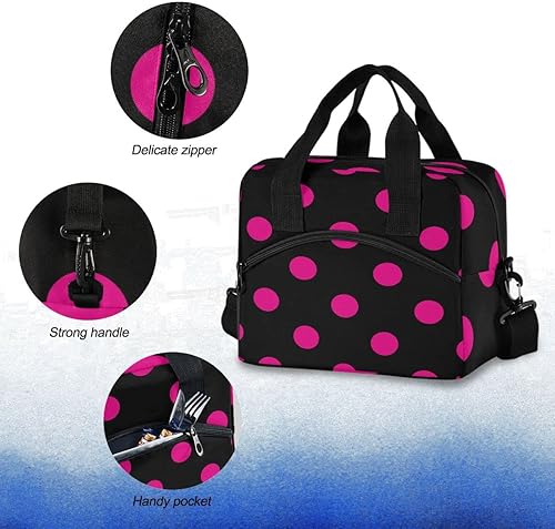 Miniatura 3 de Bolsa de almuerzo con diseño de lunares rosados, color negro, lonchera aislada, contenedor de alimentos, para preparación de comidas, bolso