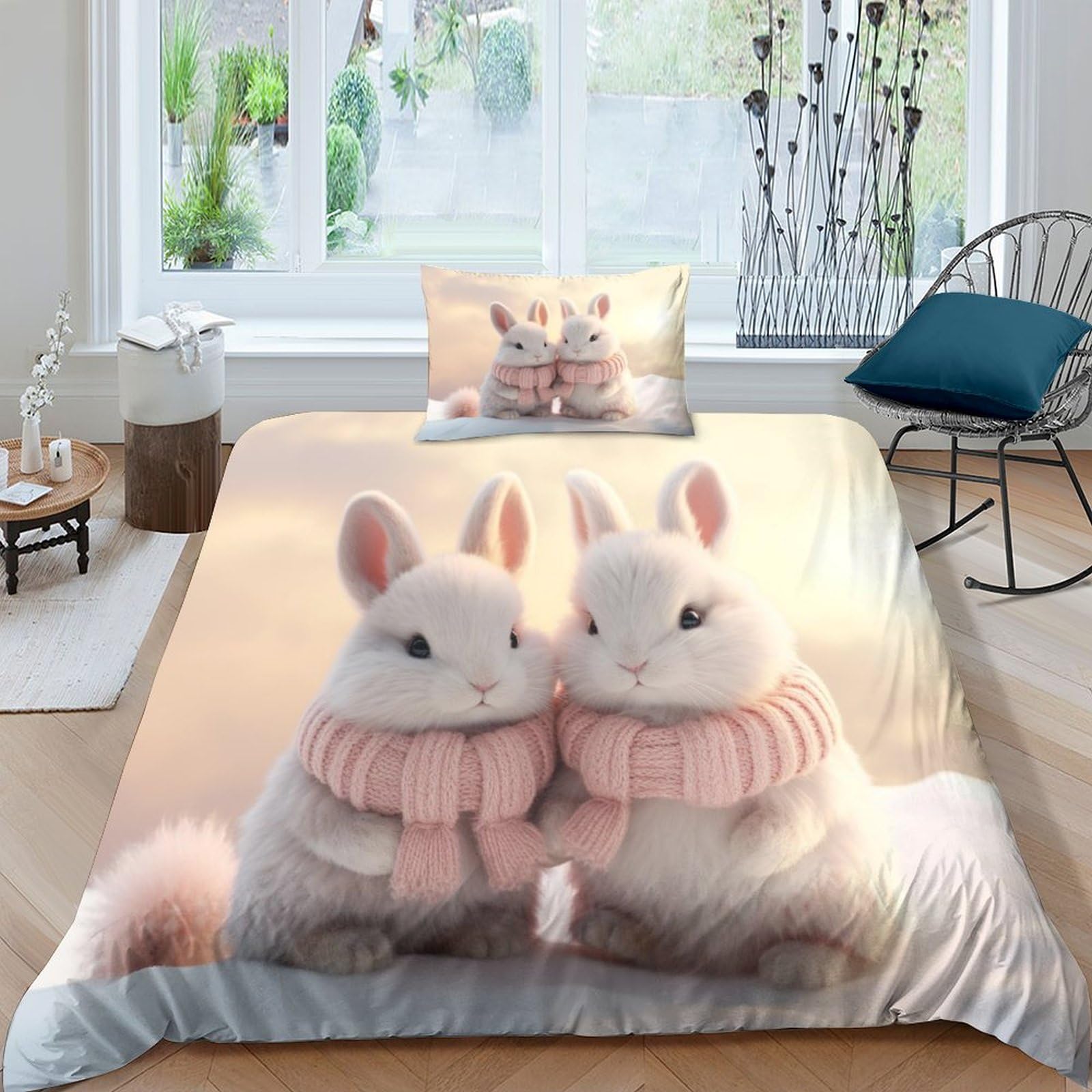 Aaharya Cute Rabbit 3D Duvet Cover, Bedding Sets,Ultra Soft Polycotton Bunny Quilt Bed Set, Single（135X200cm）