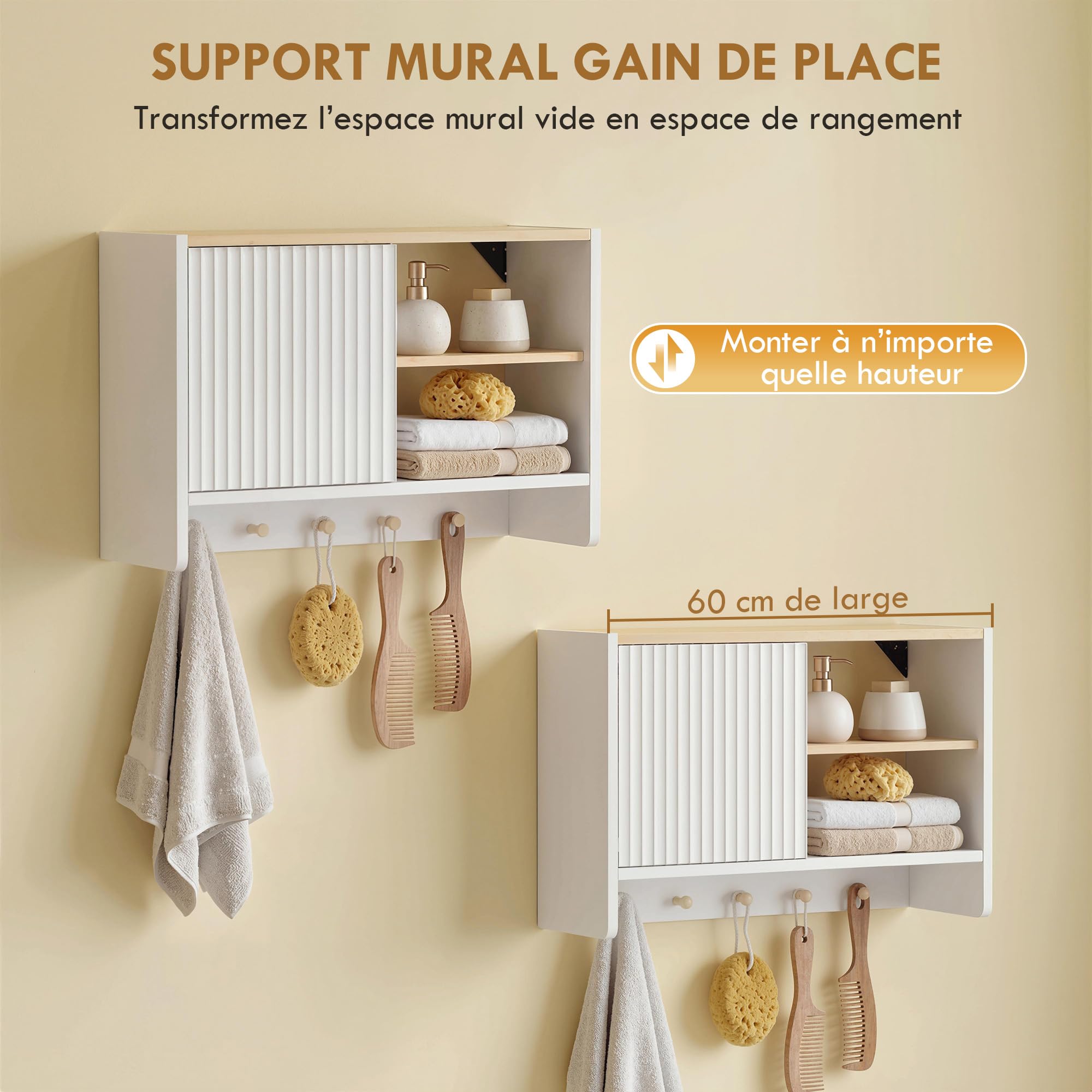 HOMCOM Armoire Murale de Salle de Bain, Meuble de Rangement Suspendu pour Salle de Bains avec Porte, étagères Ouvertes et 5 Crochets, Meuble WC Suspendu, 60 x 20 x 40 cm, Blanc et chêne