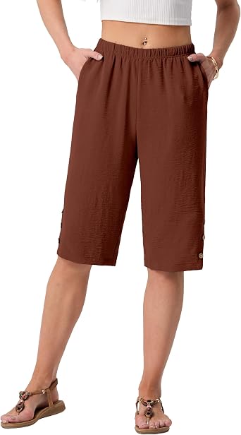 IWOLLENCE Women's Casual Summer Bermuda Shorts Side Split Button Deco Knee Length Long Shorts with Pockets