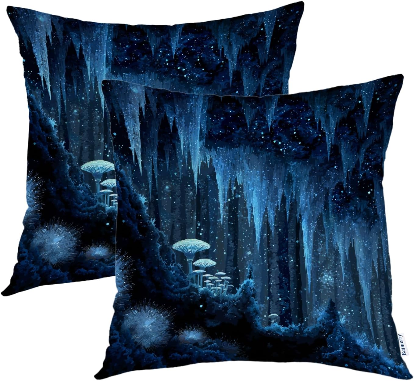 Batmerry Glowing Crystal Cave Mushrooms Throw Pillow Covers, Blue ICY Cave with Mushrooms Pillow Covers Digital Printing Blended Fabric for Couch Sofa Bed Invisible Zipper 20X20 in(Set of 2)