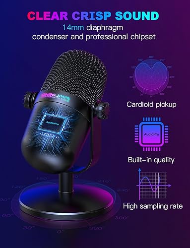Miniatura 2 de Micrófono para juegos con cancelación de ruido y botón de silencio, micrófono de condensador USB para transmisióngrabación, diseño ultracompacto,