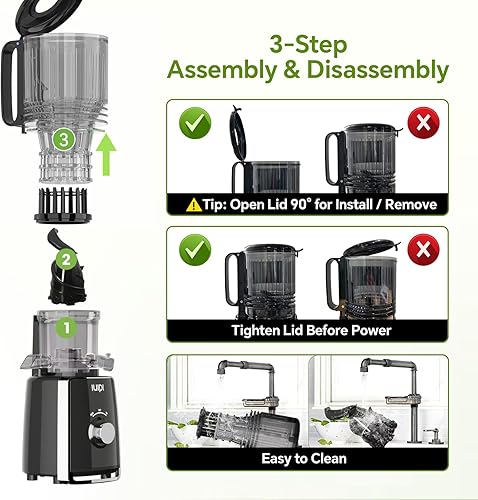 Miniatura 6 de Exprimidor de prensado en frío, 5.3 pulgadas, gran conducto de alimentación exprimidor, 99% de rendimiento de jugo, ultra silencioso, fácil de