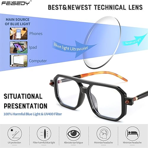 Miniatura 4 de FEISEDY Reading Glasses Vintage Square Blue Light Blocking Glasses Women Men 70s Flat Aviator Glasses B0090 Negro