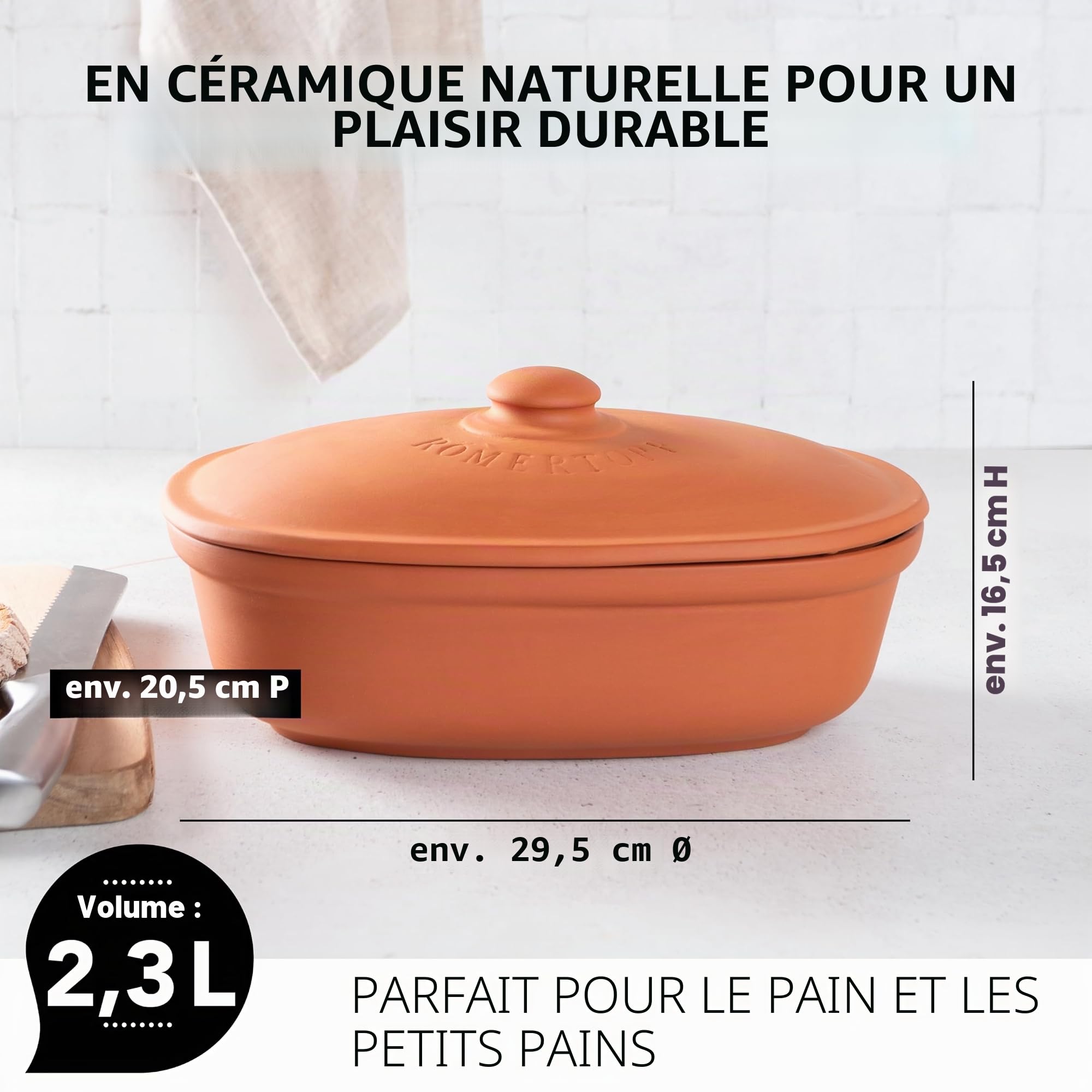 Römertopf Pot à pain ovale en terre cuite naturelle 2 L, système de ventilation et régulation d'humidité, 30 x 21 x 15 cm, terracotta