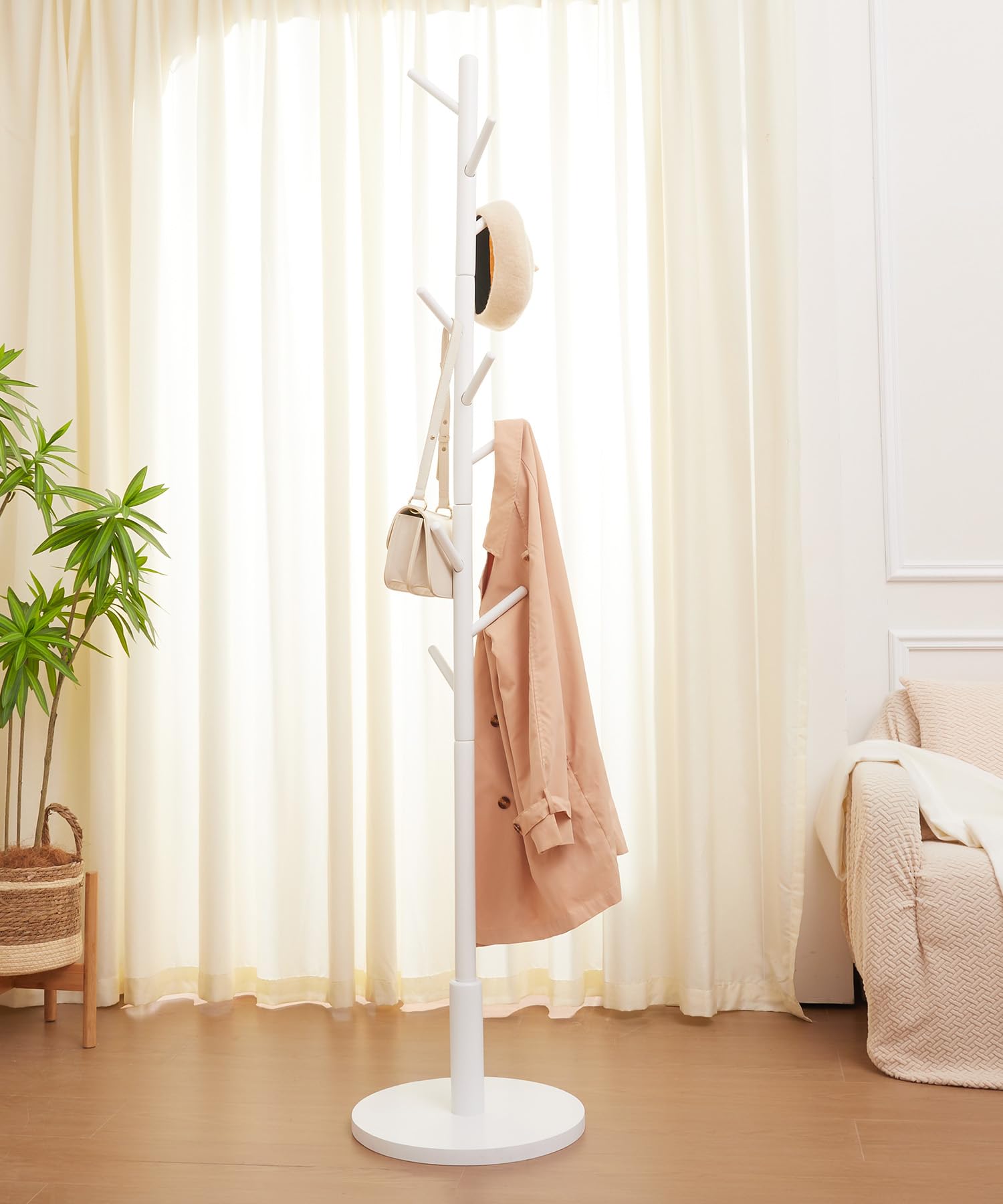 Yorbay Appendiabiti Faggio Massello Albero: 9 Ganci, 38 x 179 cm (Bianco) | Appendiabiti a Forma di Albero per Giacche Cappelli Borse - per Camera da Letto Ufficio Ingresso
