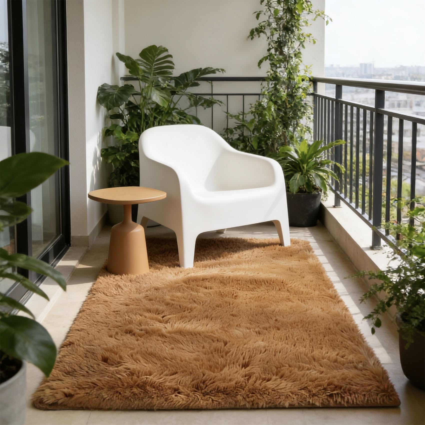 Tapis de salon marron 262x150 cm à poils longs moelleux et moderne