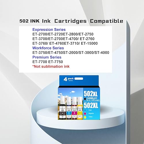 Miniatura 2 de 502 Recambio de tinta compatible con botellas de repuesto de tinta Epson 502, uso para impresoras EcoTank ET-2850 ET-3830 ET-3850 ET-2760 ET-3760