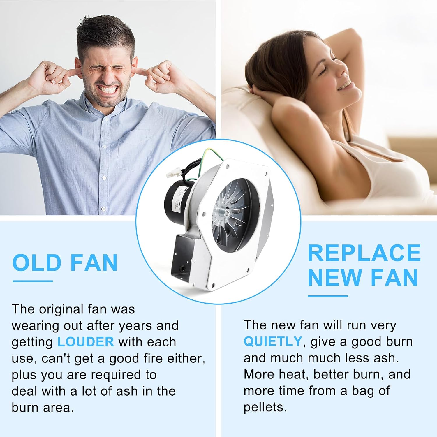 Comparison of old noisy fan versus new quiet fan