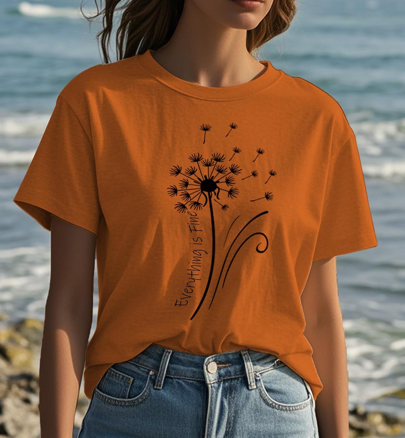 Womens t Shirts Short Sleeve Casual Summer Loose Round Neck Everything is Fine & Dandelion Graphic Tops for Women - Image 3