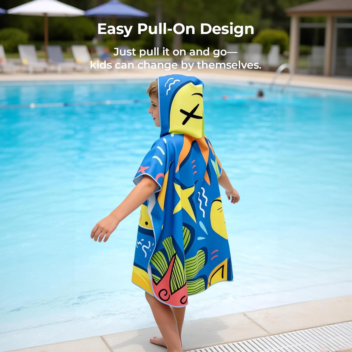 Kids Hooded Beach Poncho, 75×80cm, Fun Cartoon Graphic Design, Quick-Dry Lightweight Swim Towel for Pool, Beach & Vacation (Ages 9–12) (Blue, Large)
