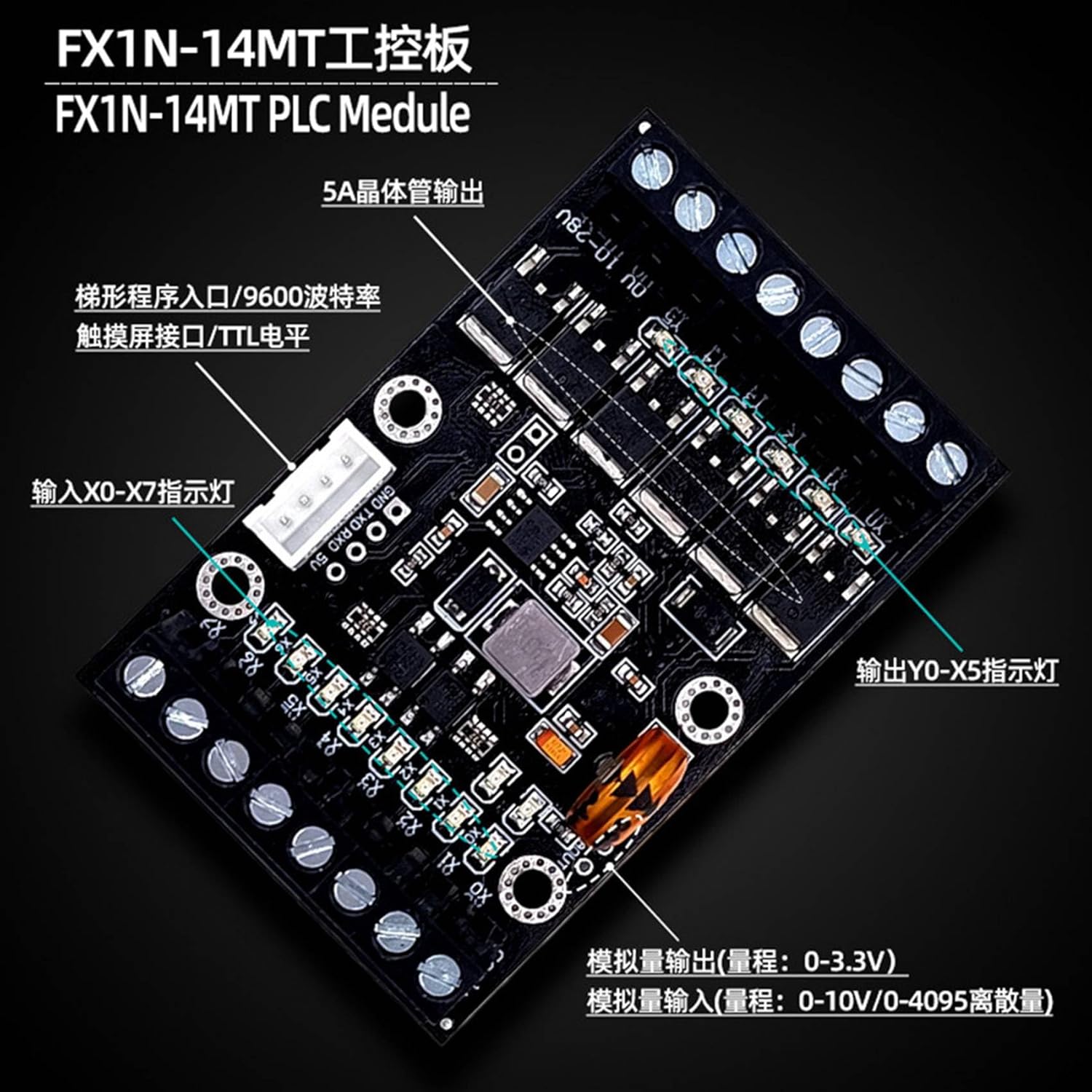 5X FX1N-14MT PLC Industrial Control Board+Case PLC Module Analog Input/Output with Guide Rail Delay Relay Module, black, 750140584