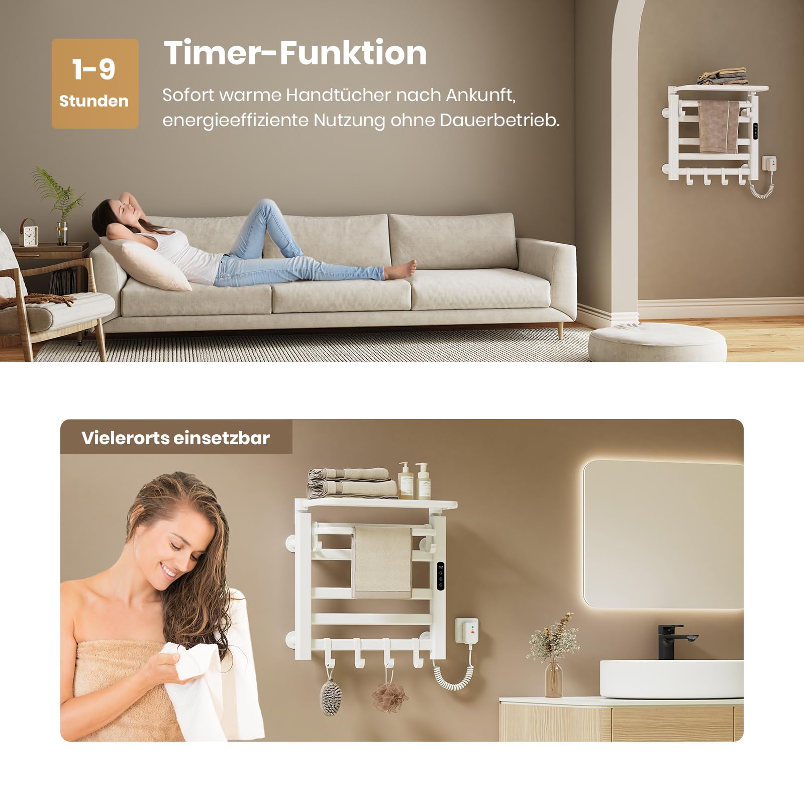 EMKE Elektrischer Handtuchheizkörper 50x50 cm, 140W Handtuchwärmer mit WLAN-App-Steuerung, Kohlefaser Badheizkörper Elektrisch mit klappbarer Ablage & 6 Haken, IPX5, Weiß