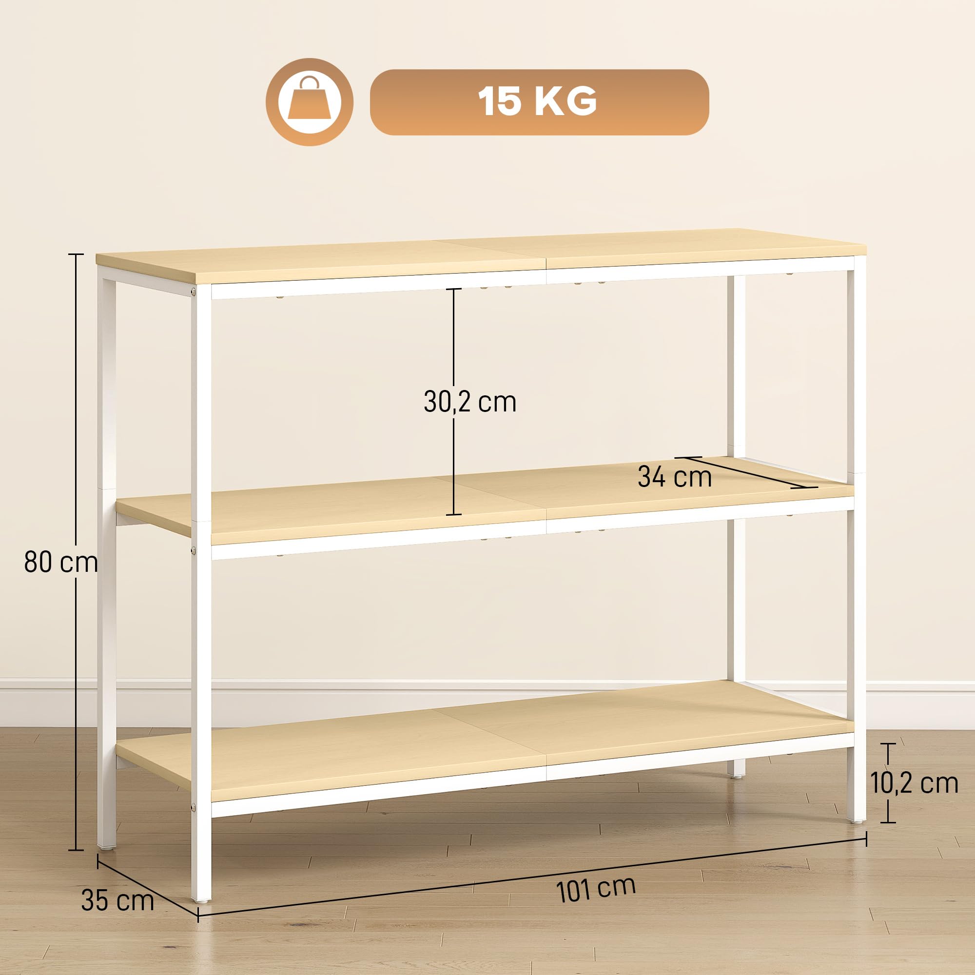 HOMCOM Mesa de Consola Estrecha Moderna 101x35x80 cm Natural y Blanco | Consola de Recibidor, Mesa de Recibidor, 3 Estantes Abiertos, Patas de Metal, Pasillo Entrada Salón Dormitorio