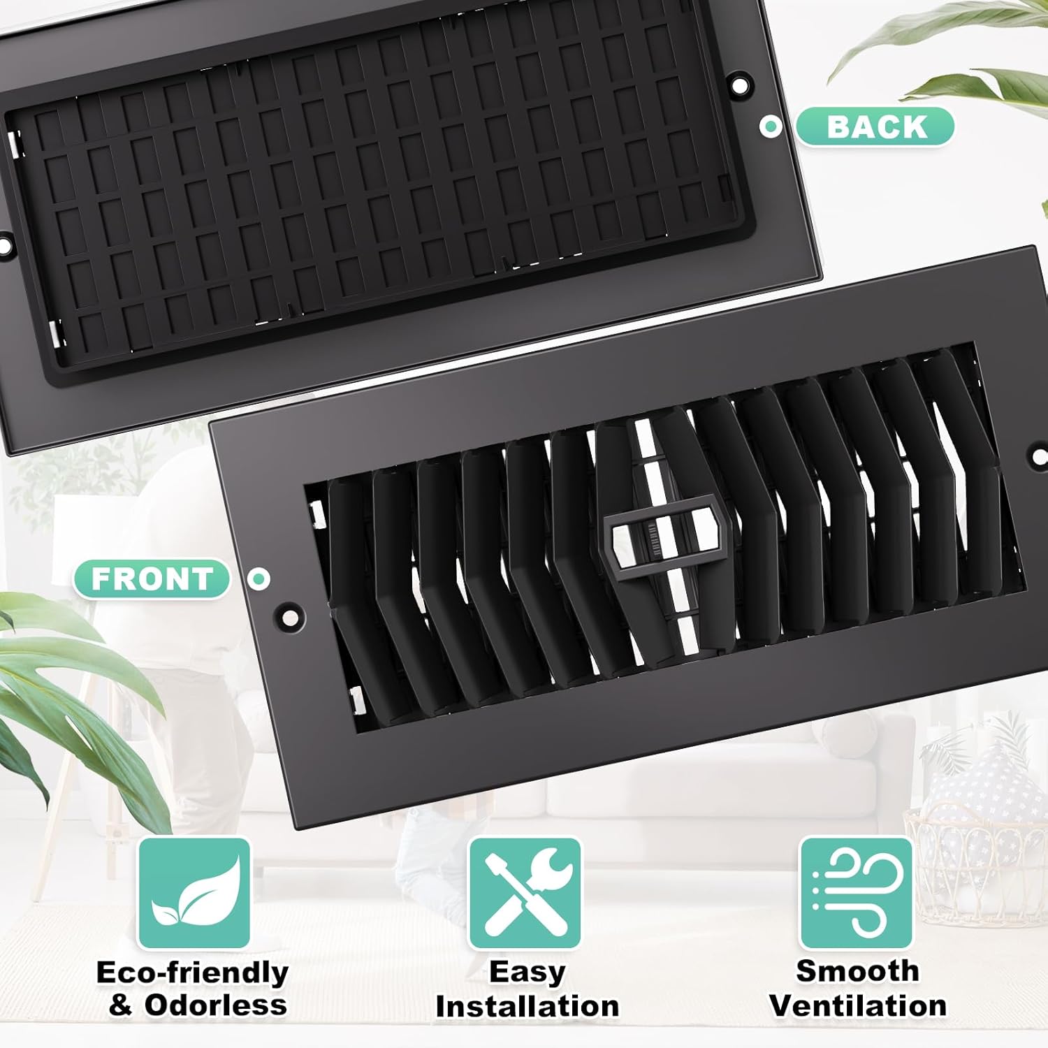 Floor Register 4x10-6 Pack Floor Vent Covers for Home Floor Heavy Duty Thicker Metal Steel Walkable Floor Grates Adjustable Air Vent Covers 4" x 10" Floor Vent, Black (with Screw)