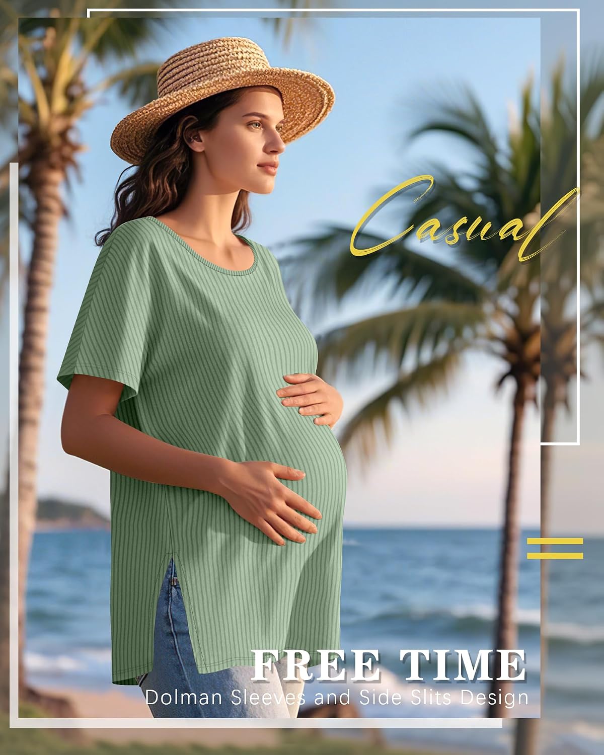 Oakgarden 3 Pack Women's Maternity Shirts Loose Cotton Blend Pregnancy Tops Ribbed Crew Neck Side Split Tunics Oversized Tee