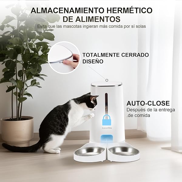 FUKUMARU WiFi Automatic Cat Feeder, 4L Food Dispenser for Dog/Cat with Two Bowls, Customized Program of Automatic Feeding, Battery Operated and Electrical Wiring, White - 2