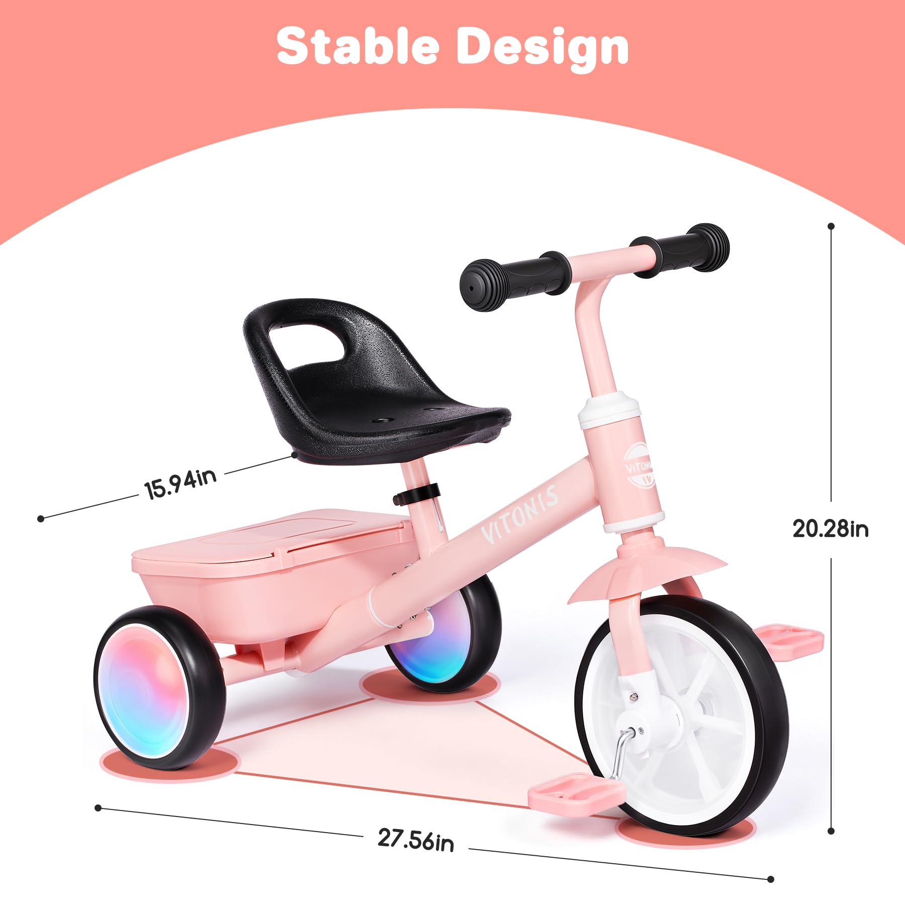 VITONIS Kleinkinder Dreirad ab 2 Jahre, Laufrad für Kinder von 24 Monate bis 5 Jahre, Mit Zwei LED-beleuchteten Rädern, Geschenke und Spielzeug für Jungen und Mädchen，Rosa