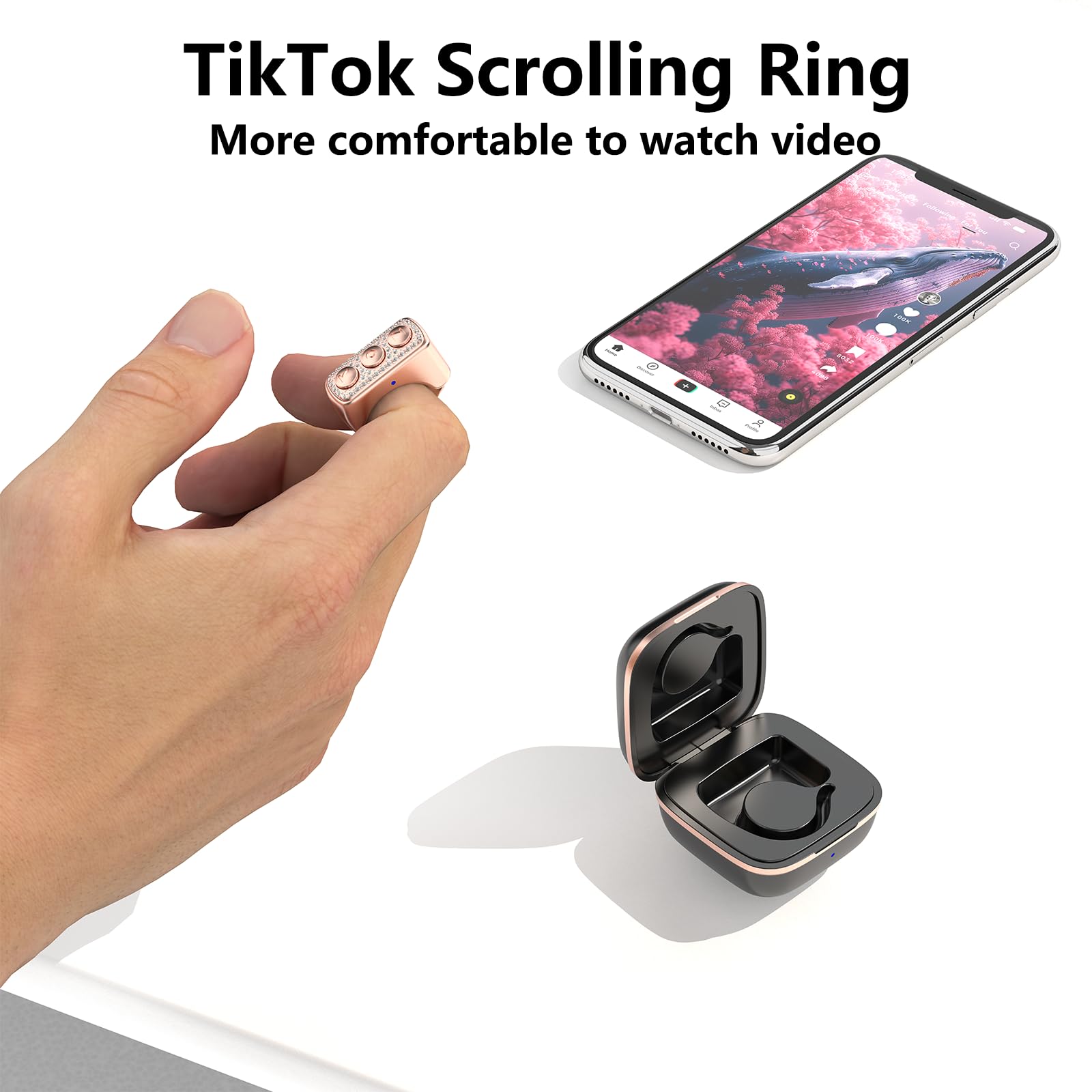 Mando a distancia Bluetooth TIK TOK inalámbrico para cámara TYUOBOX con botón de disparador remoto con funda de carga para iPhone, Android, iPad, teléfono celular (rosa rosa)