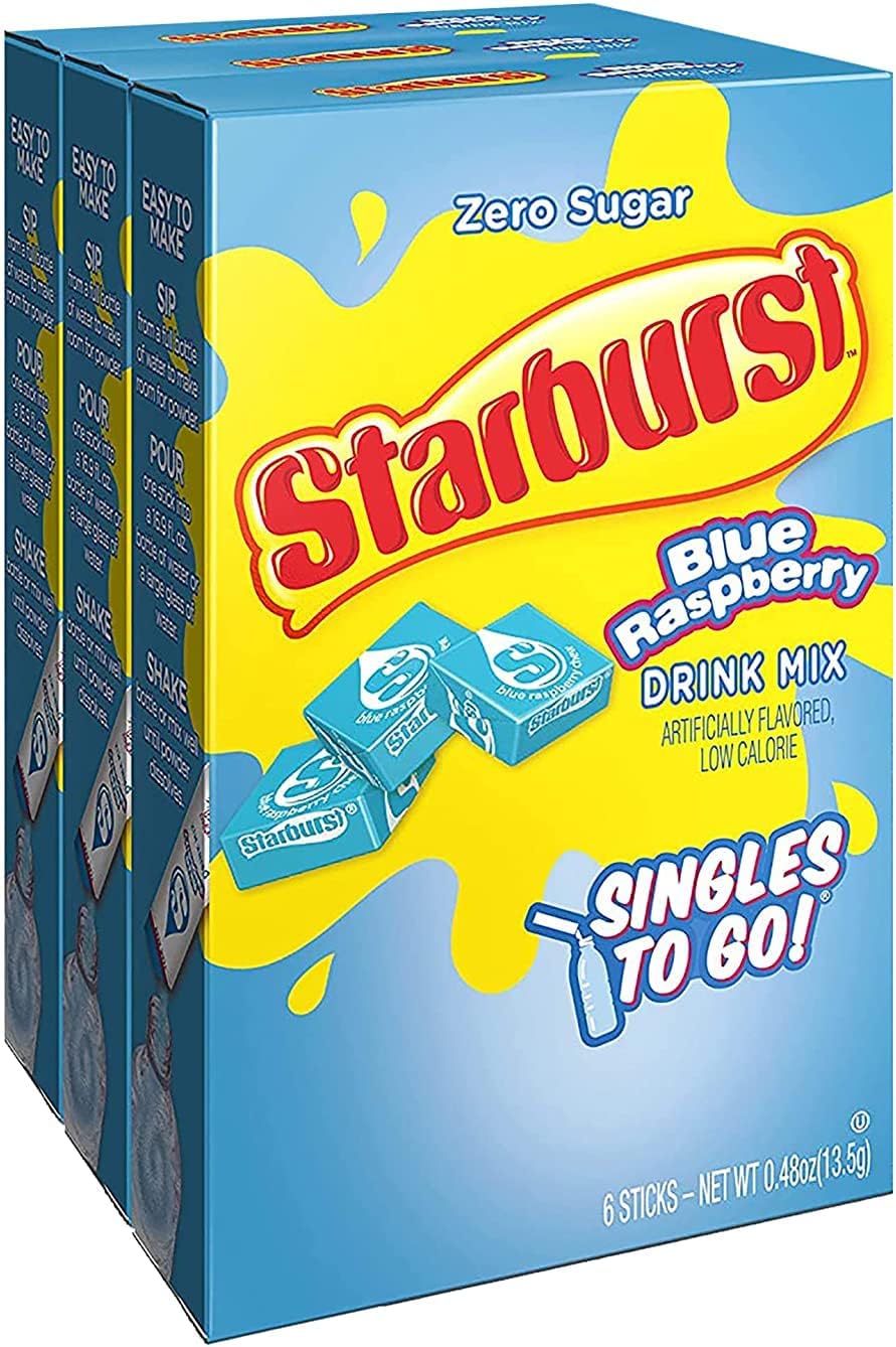 Singles To Go Starburst Powdered Drink Mix, Blue Raspberry, 3 Boxes with 6 Packets Each - 18 Total Servings, Sugar-Free Drink Powder, Just Add Water, 6 count (Pack of 3)