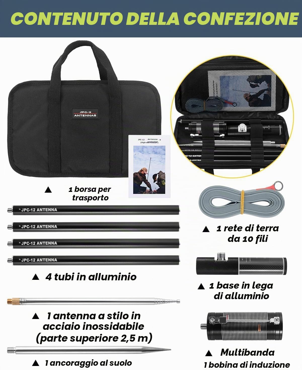 AURSINC Antenne JPC-12 Bidone RF amatoriale 7-50 MHz, antenna verticale universale 40-6 m (8 bande, esterno), 4,1 m (M10)