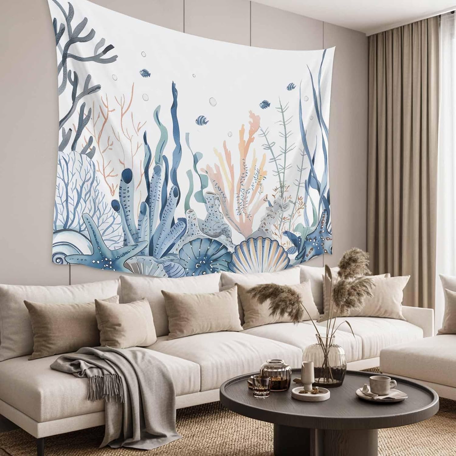 Ogeapare Ocean Tapestry Coral Seagrass Starfish Seabed Tapestry Wall Hanging for Bedroom Living Room Office Aesthetic Home Wall Art Decor - 104L×86W