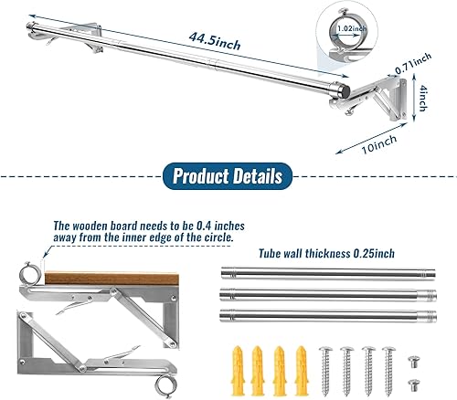 Miniatura 5 de Perchero plegable para montar en la pared, barra de 44 pulgadas de largo y 2 bases, acero inoxidable, resistente, desmontable, multiusos para