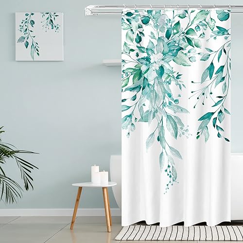 Vista 312 de Tititex - Juego de cortinas de ducha de eucalipto verde oliva, hojas de acuarela en la parte superior con decoración floral de baño, 60 x 72 Hojas