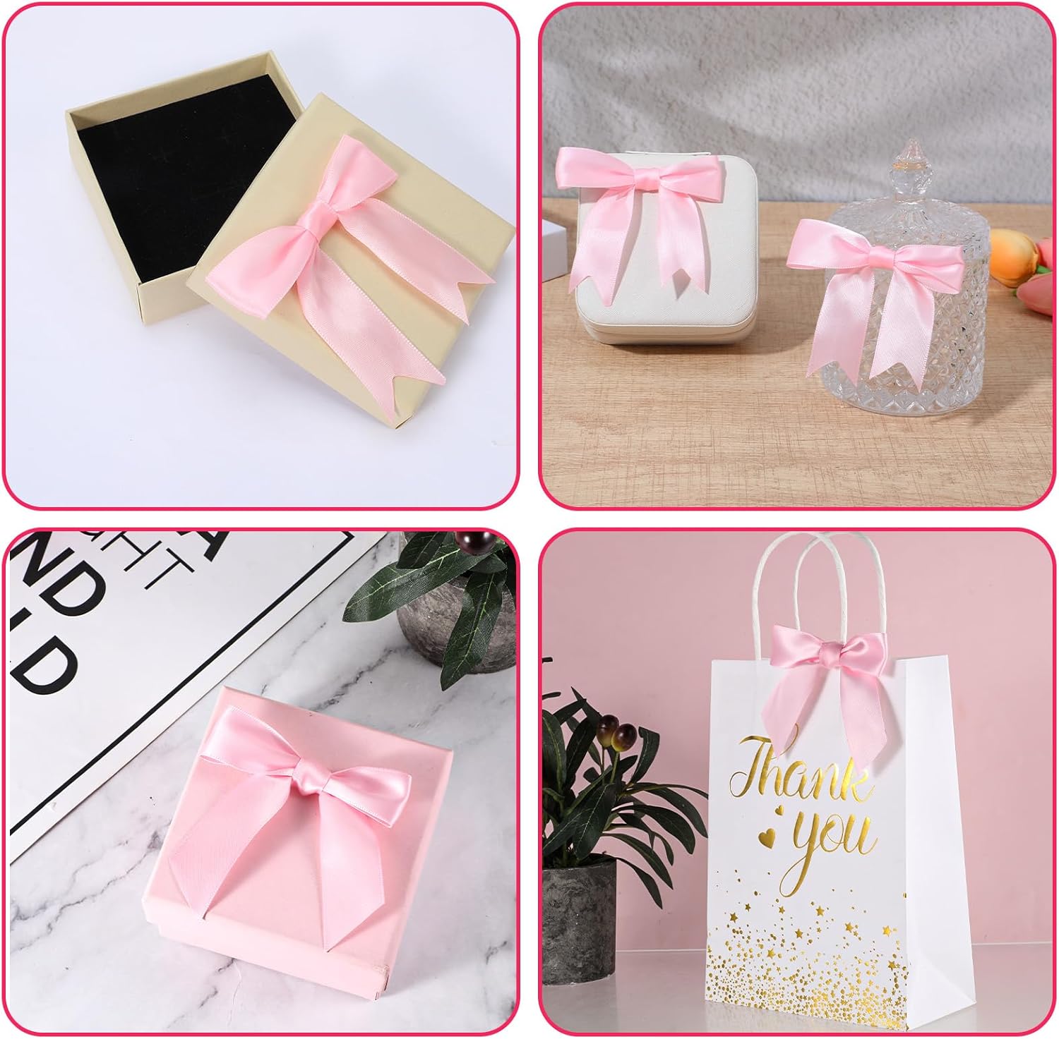 50 Pcs Pink Ribbon Bows, Satin Ribbon Twist Tie Bows Gift Wrapping Premade for Basket Crafts Wedding Baby Shower Brithday Christmas Party Decorations - Image 5