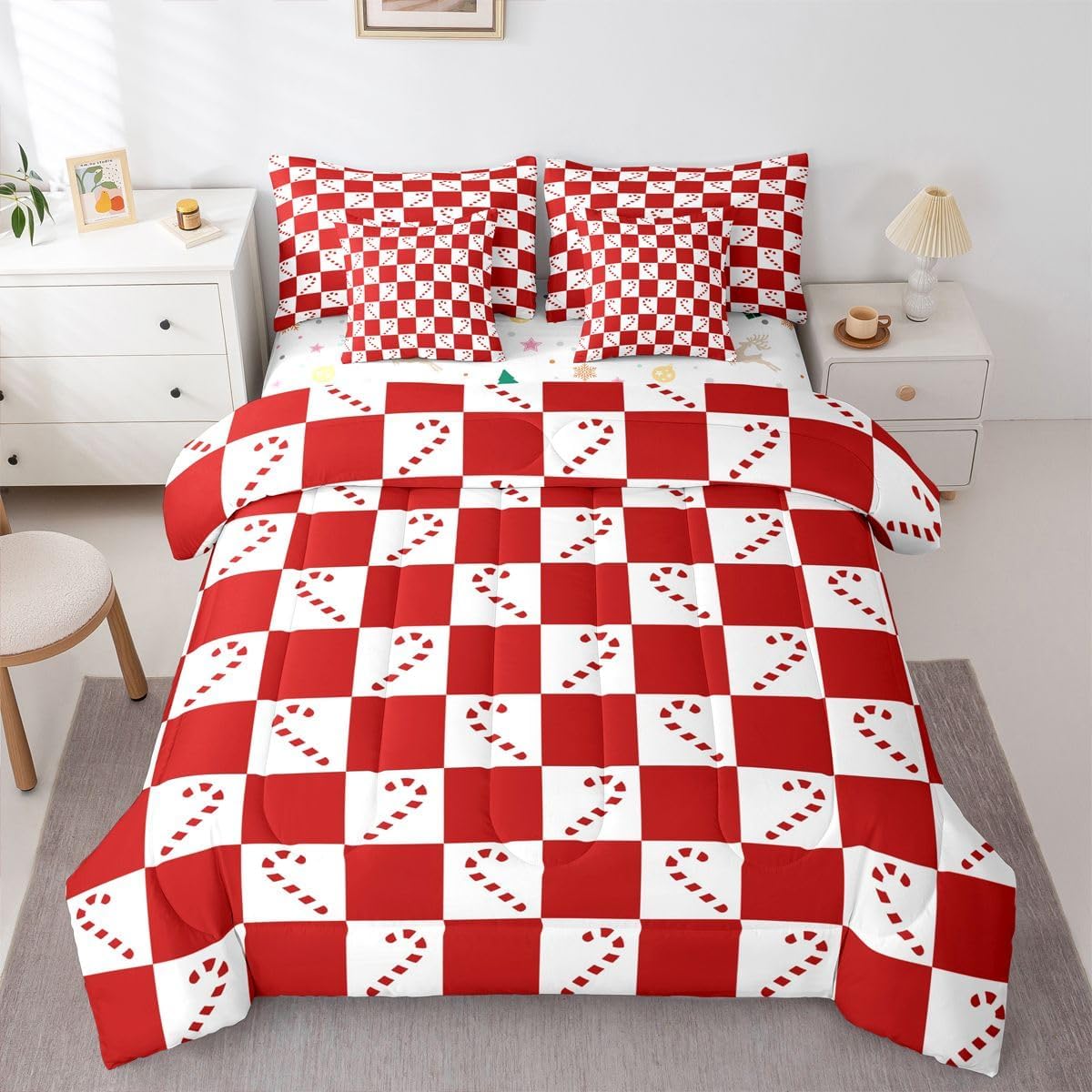 Christmas Kids Bedding Set Cartoon Snowman Gingerbread Man Comforter Set with Sheets for Boys Girls Christmas Tree Decor Bed in a Bag Pink Xmas Theme Bed Set 7Pcs Full Size