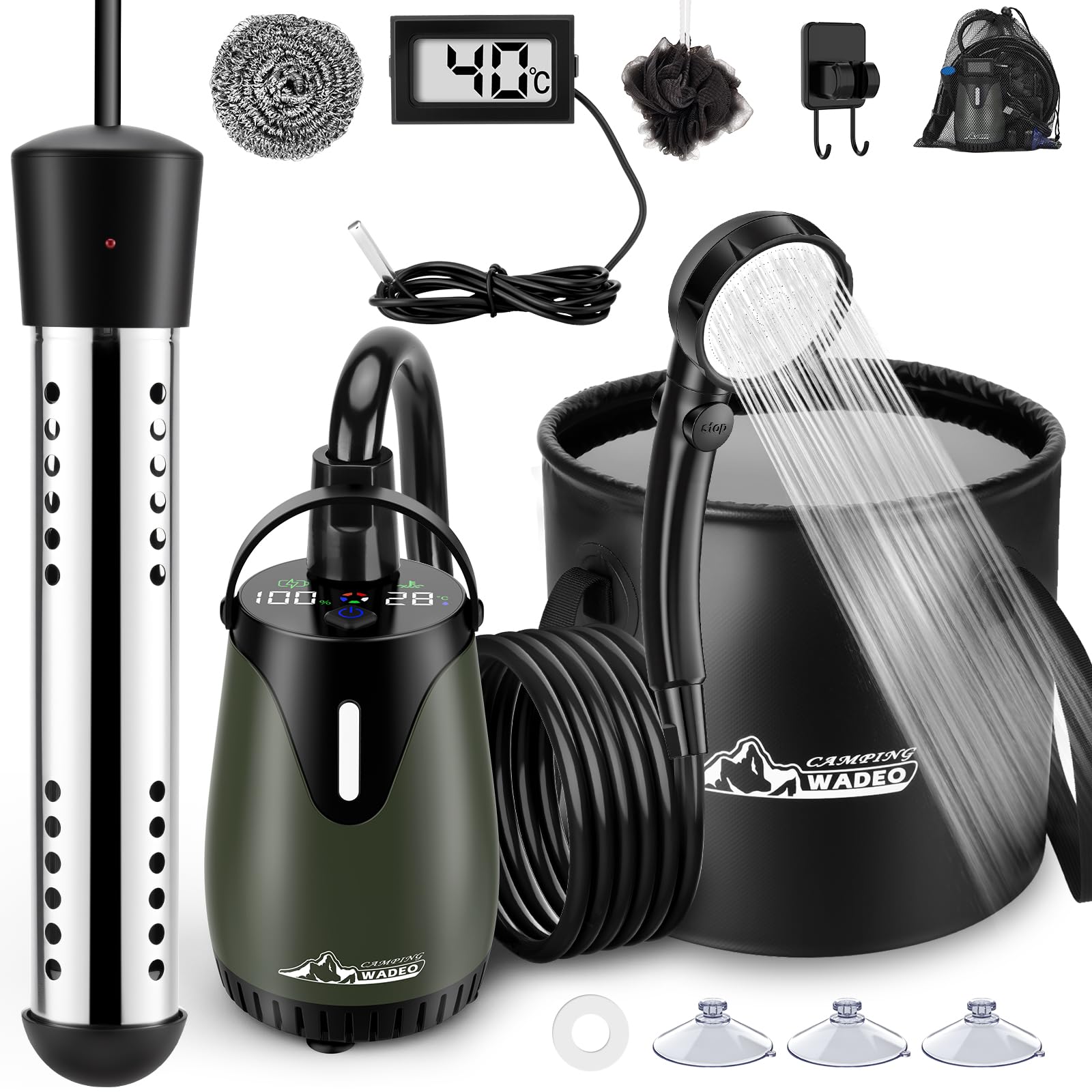 WADEO Doccia Portatile Campeggio con Acqua Calda, Autonomia fino a 10 Giorni, Display LED, Secchio Pieghevole 20L, Doccia Camper Ricaricabile USB, IPX8, per Viaggi, Spiaggia, Cani