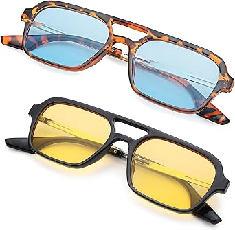 Hycredi Retro 70s Flat Aviator Sunglasses Trendy Vintage Square Glasses for Women Men Metal Design Shades UV Protection