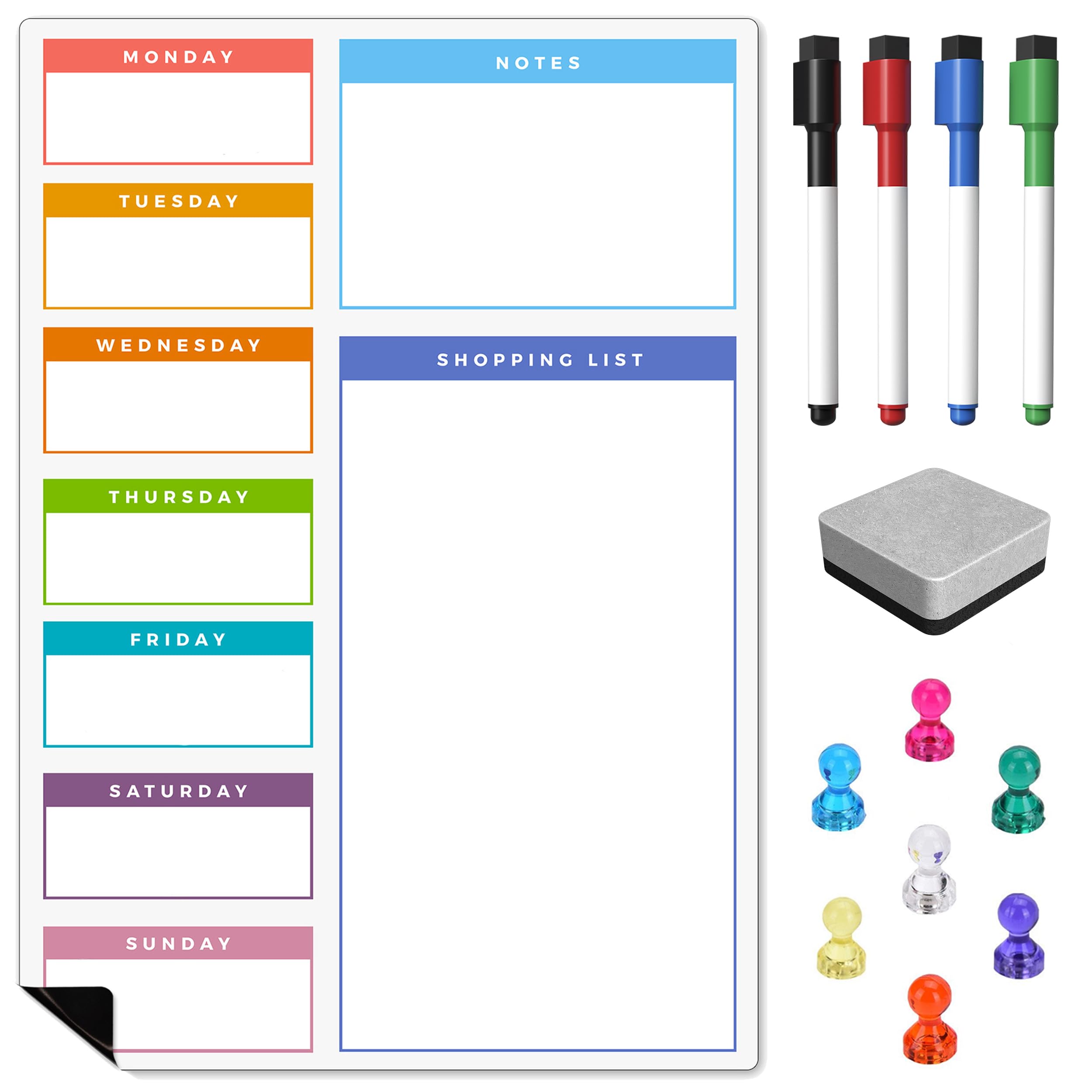 TMS A3 / A4 Multi-Coloured Magnetic Weekly Planner/Memo Board/Calendar โ Whiteboard, Shopping List and Meal Planner - with 4 Magnetic Dry Wipe Pens and Eraser (Colour Weekly with Magnets, A3) โ image 1