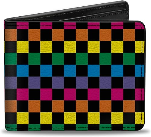 Buckle-Down Billetera para hombre, plegable, a cuadros, color negro neón arcoíris, cuero vegano, multicolor, 4.0 x 3.5 pulgadas, Multi, Buckle-down