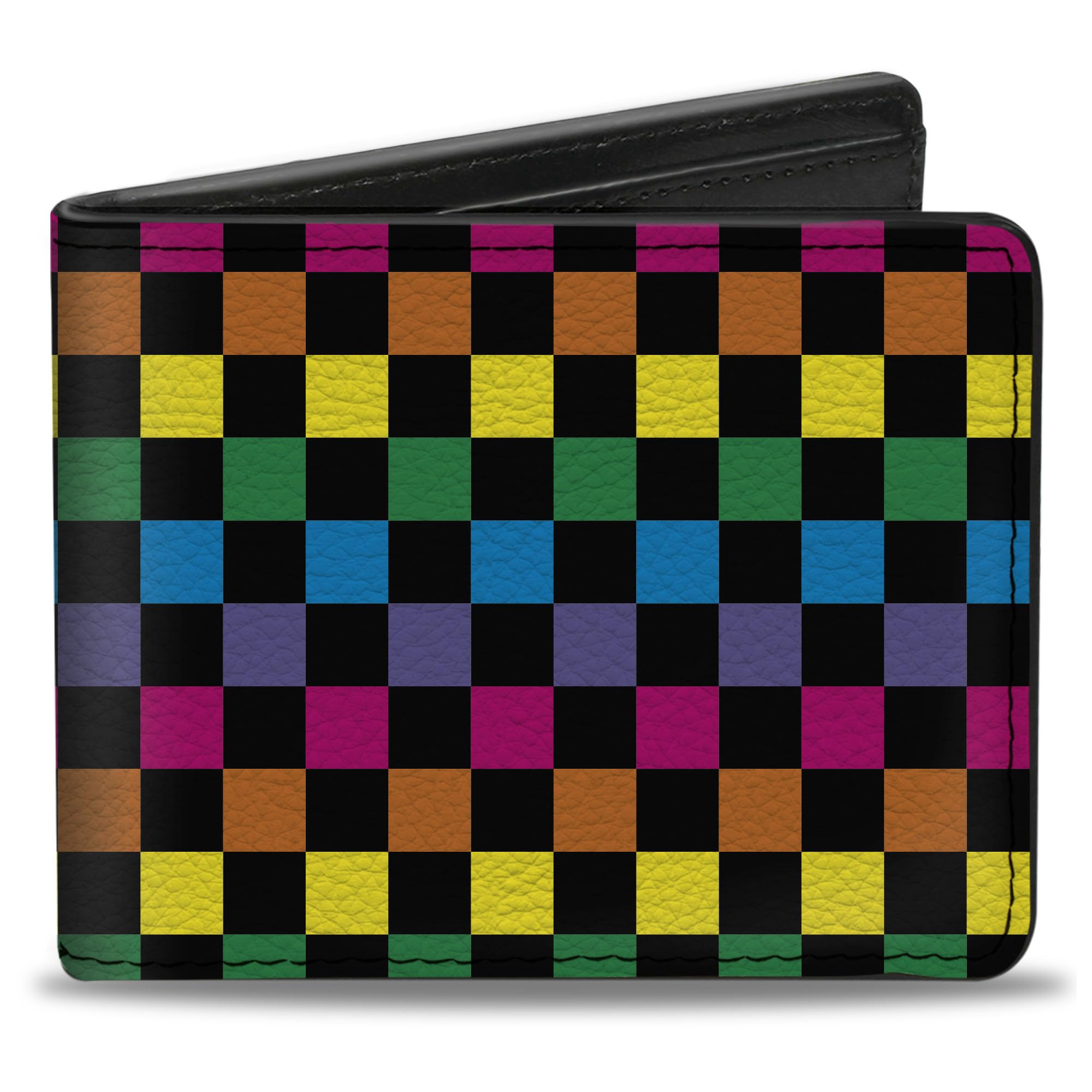 Buckle-Down Men's Wallet, Bifold, Checker Black Neon Rainbow, Vegan Leather, Multi, 4.0