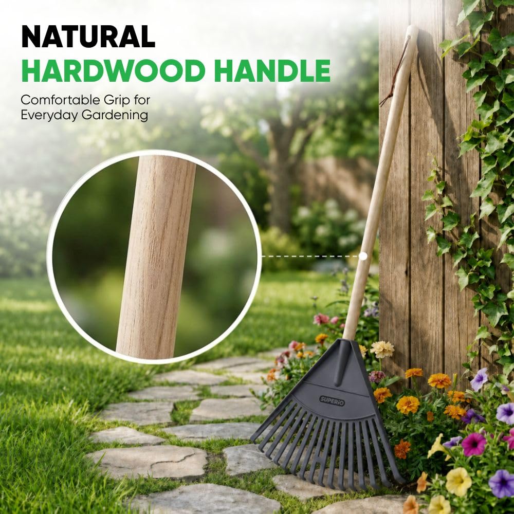Superio Rastrello per bambini con manico in legno duro, testa in plastica resistente per spazzare le foglie nel prato e riordinare il giardino, altezza 86,4 cm (3, grigio)