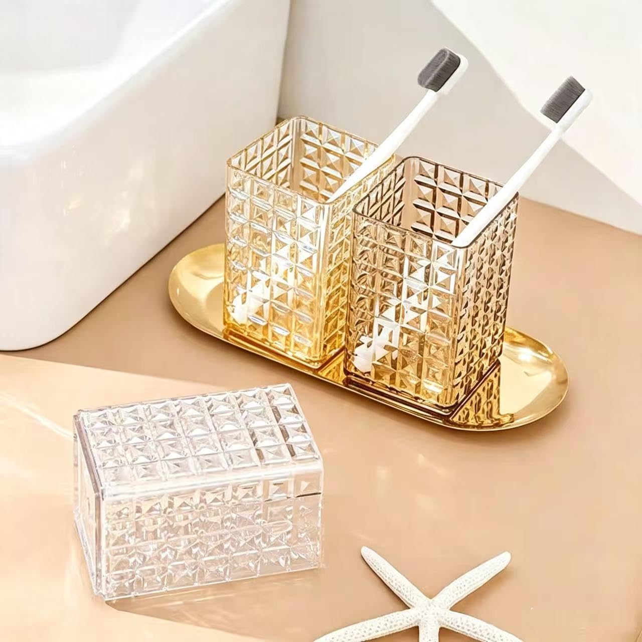 Acrylic Toothbrush Holder, Clear Diamond Faceted Bathroom Cup (Light Amber)