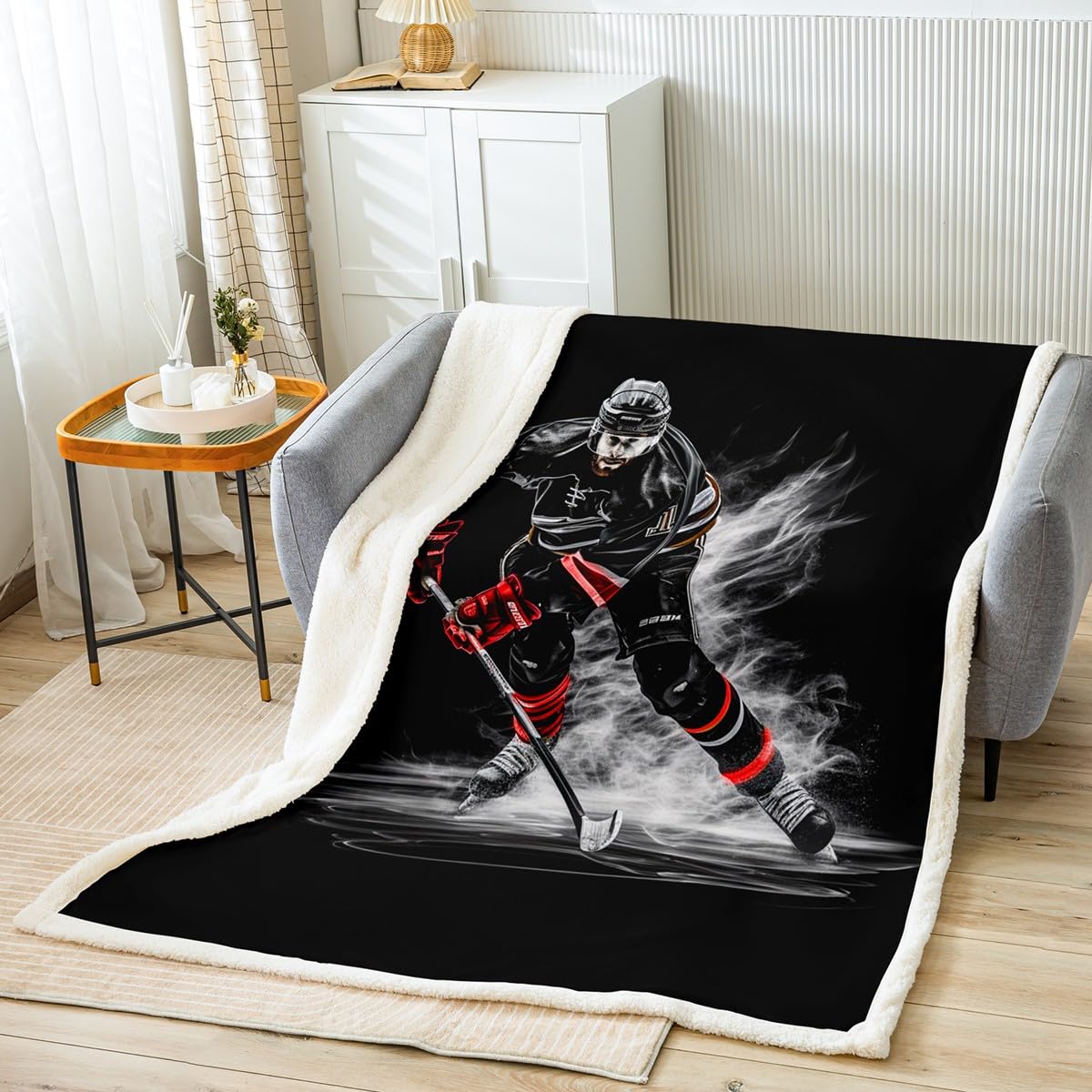 Feelyou Ice Hockey Fleece Winter Ice Sports Theme Sherpa Blanket Throw Blanket for Bed Sofa Couch Hockey Player Print Plush Black Winter Sports Hobby