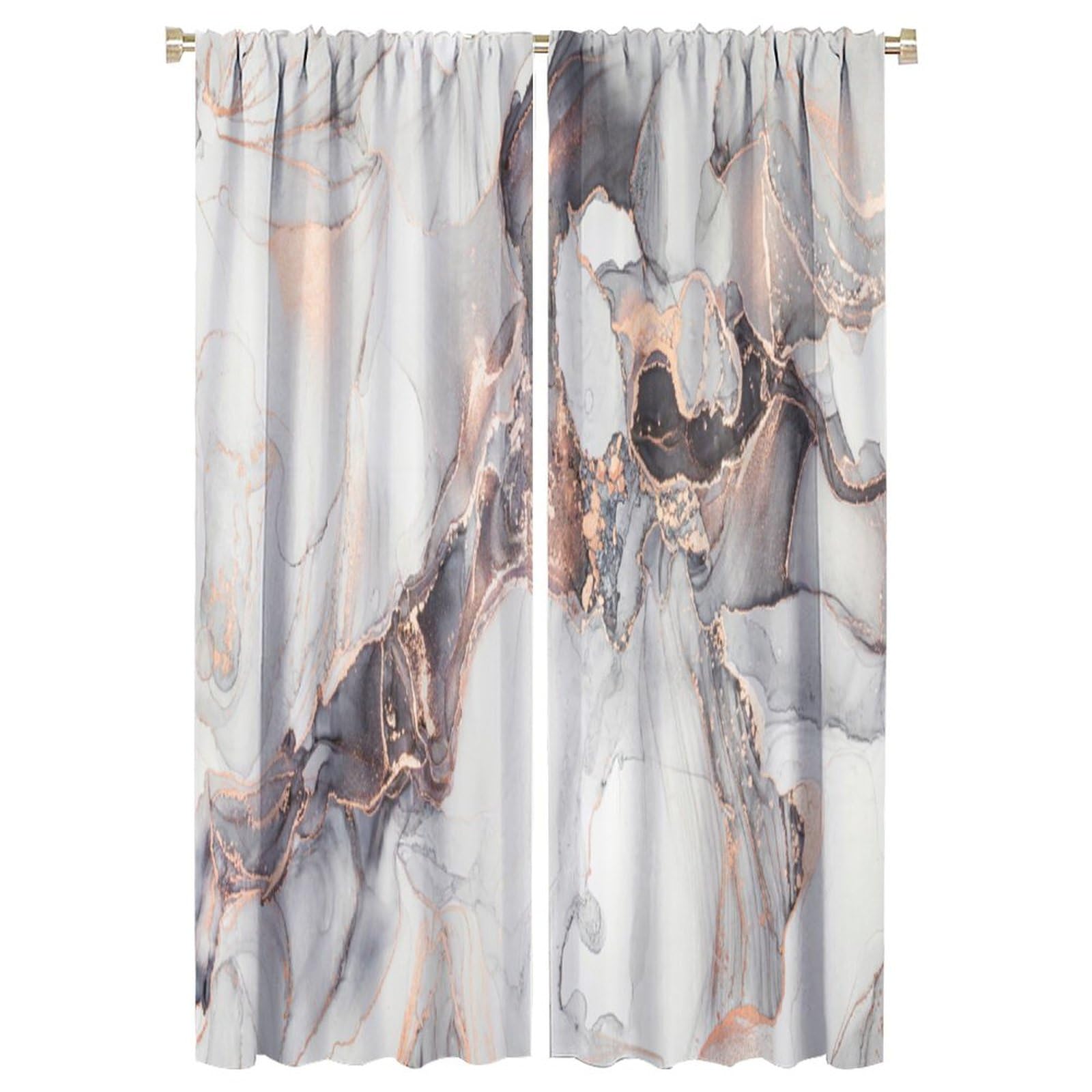 HZOHNAGO Marble Curtain Gery Black Marble Golden Texture Blackout Print Rod Pocket Window Drapes for Bedroom Living Room 52x84in