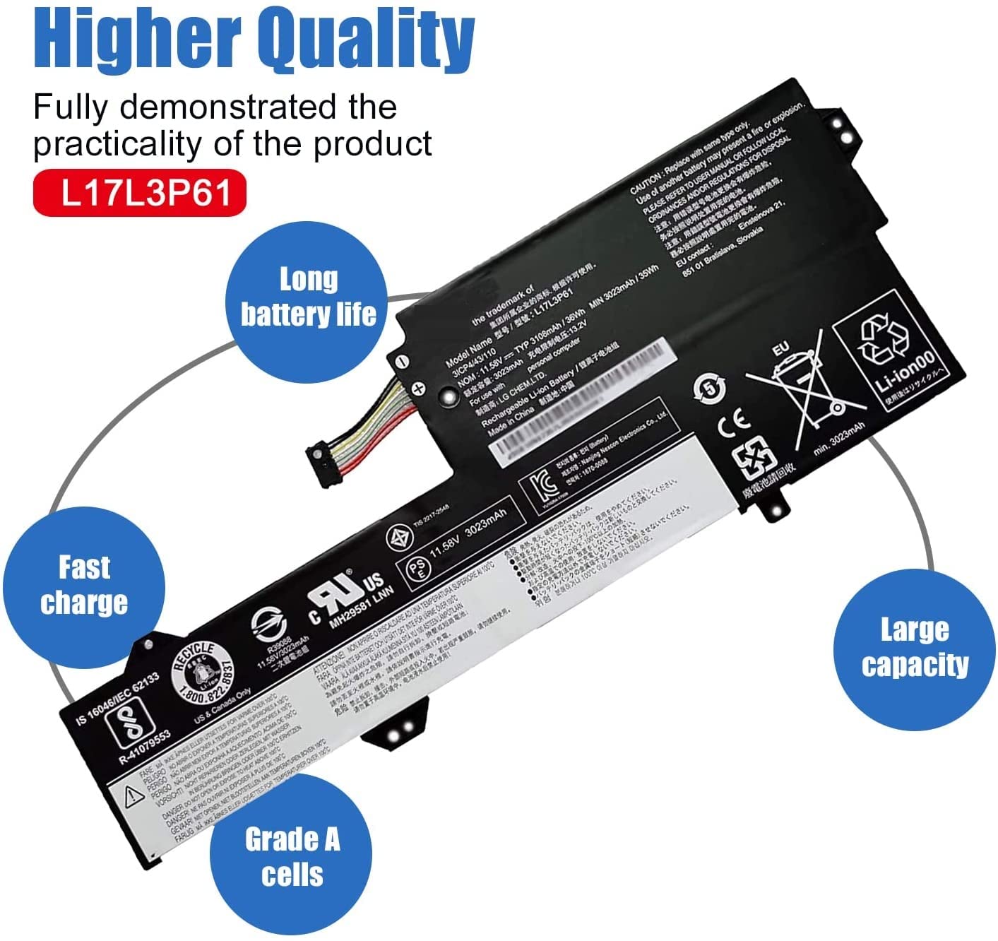 L17L3P61 - Batteria di ricambio compatibile per Lenovo Ideapad Yoga 720-12IKB 330-11IGM 320S-13IKB Flex 6-11IGM serie 7000-13 Notebook L17M3P61 L17C3P61 11,58V 36W/3108 3 celle mAh