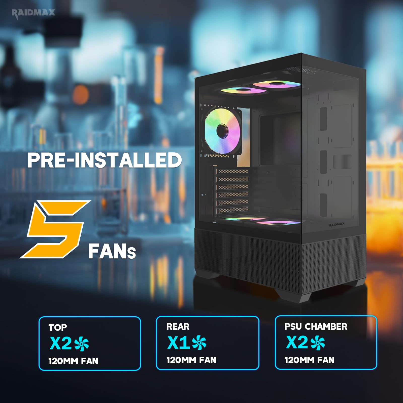 Raidmax I802 Mesh Air Flow Compact Panoramic ATX Mid Tower Case – 270° View Tempered Glass, 5X Pre-Installed 120mm Static RGB Color Fans, Supports ATX/Micro ATX Motherboards, Max 340mm GPU (Black)