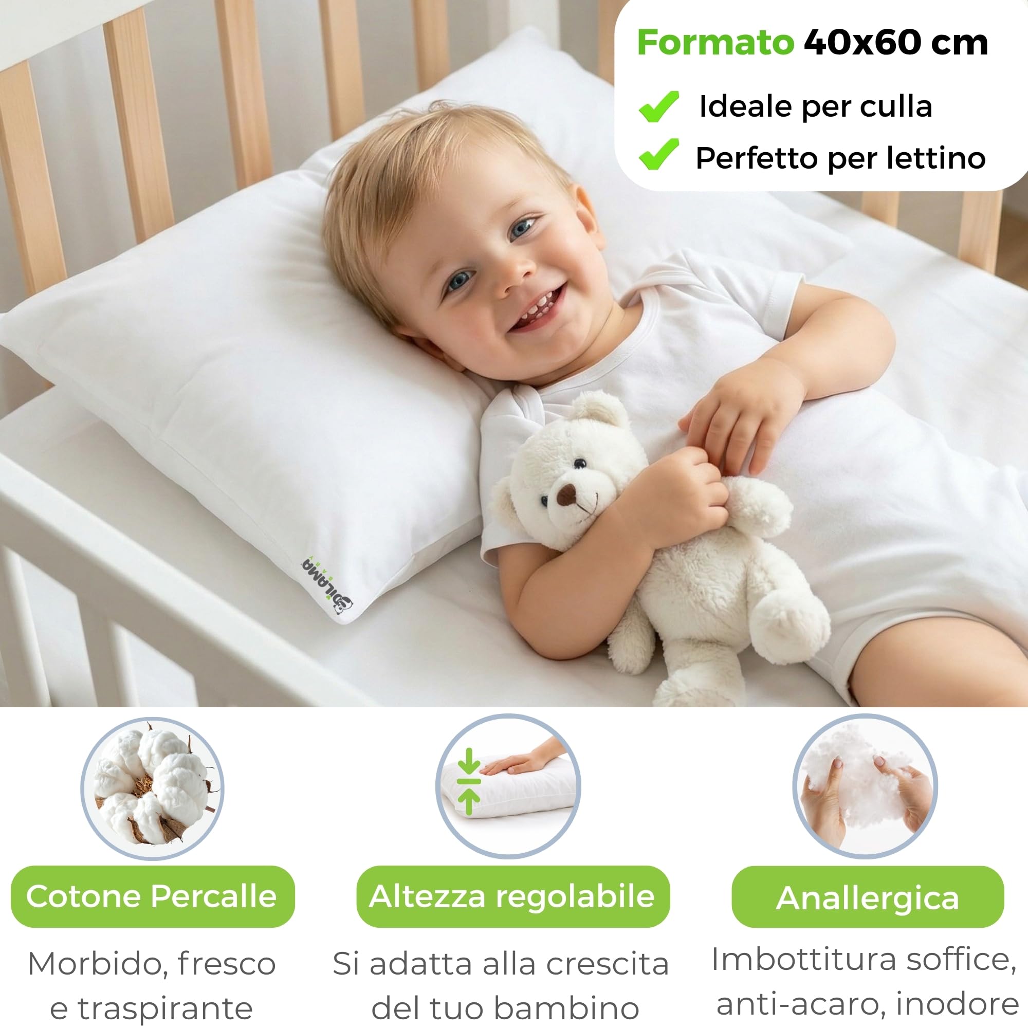 Dilamababy Cuscino Lettino Bambino 40x60 Regolabile in Altezza Anallergico Antiacaro Lavabile Federa Cotone Percalle Oeko Tex