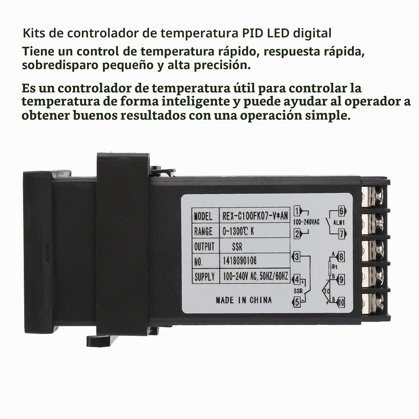 Controlador de temperatura digital, Alarma LED y Control PID Preciso 0-1300℃, Termostato Industrial con Termopar K 1M SSR 40A, for Hornos Industriales, Calderas, Sistemas Calefacción