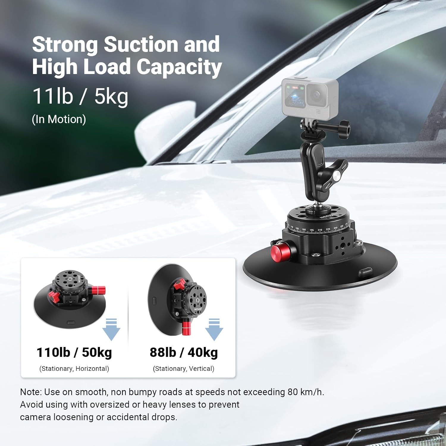 neewer 6" suction cup camera mount with ball head magic arm, 2 pack metal car mount for camera/action camera/phone, air pump vacuum on car or window glass with 1/4" 3/8" arri mounting holes, ca013 2x ca013